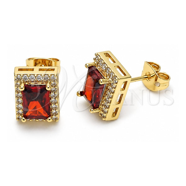 Oro Laminado Stud Earring, Gold Filled Style with Garnet Cubic Zirconia and White Micro Pave, Polished, Golden Finish, 02.342.0206.1