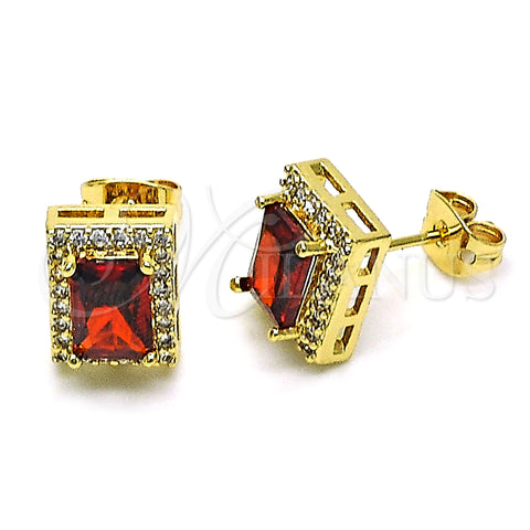 Oro Laminado Stud Earring, Gold Filled Style with Garnet Cubic Zirconia and White Micro Pave, Polished, Golden Finish, 02.342.0206.1
