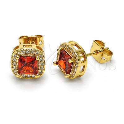 Oro Laminado Stud Earring, Gold Filled Style with Garnet Cubic Zirconia and White Micro Pave, Polished, Golden Finish, 02.342.0207.1