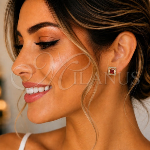 Oro Laminado Stud Earring, Gold Filled Style with Garnet Cubic Zirconia and White Micro Pave, Polished, Golden Finish, 02.342.0208.1