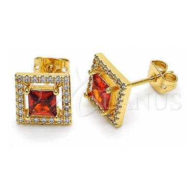 Oro Laminado Stud Earring, Gold Filled Style with Garnet Cubic Zirconia and White Micro Pave, Polished, Golden Finish, 02.342.0208.1