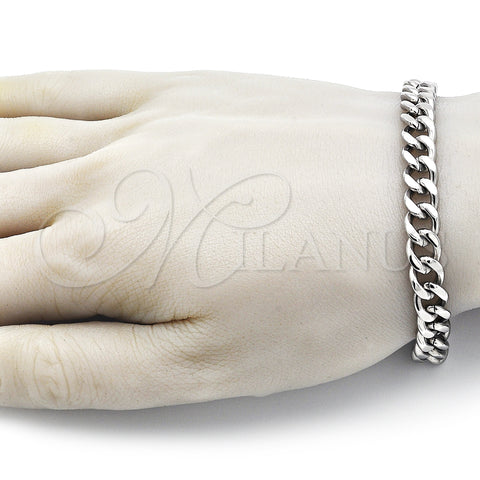 Stainless Steel Basic Bracelet, Miami Cuban Design, Polished, Raw, 03.278.0007.08 (09 MM Thickness, 8 Inches Length)