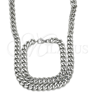 Stainless Steel Necklace and Bracelet, Miami Cuban Design, Polished, Raw, 06.278.0002