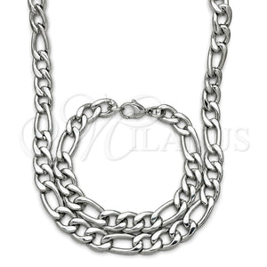 Stainless Steel Necklace and Bracelet, Figaro Design, Polished, Raw, 06.278.0003