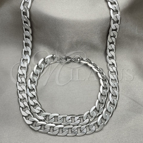 Stainless Steel Necklace and Bracelet, Pave Cuban Design, Diamond Cutting Finish, Raw, 06.278.0005