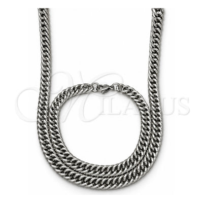 Stainless Steel Necklace and Bracelet, Miami Cuban Design, Polished, Raw, 06.278.0013