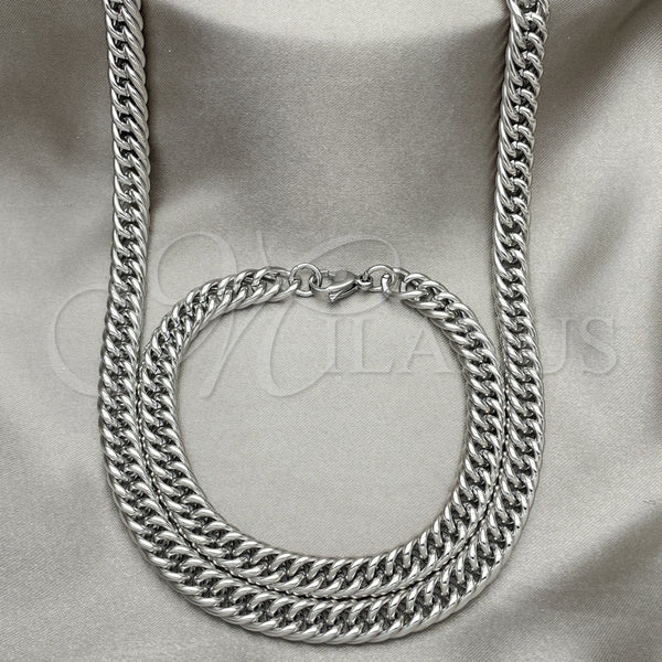 Stainless Steel Necklace and Bracelet, Miami Cuban Design, Polished, Raw, 06.278.0013