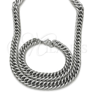 Stainless Steel Necklace and Bracelet, Miami Cuban Design, Polished, Raw, 06.278.0014