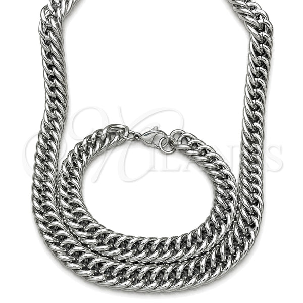 Stainless Steel Necklace and Bracelet, Miami Cuban Design, Polished, Raw, 06.278.0014