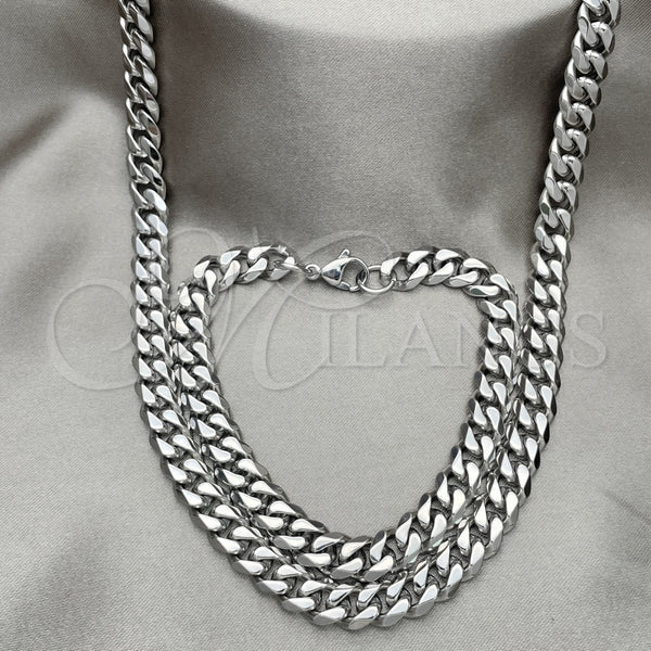 Stainless Steel Necklace and Bracelet, Concave Cuban Design, Polished, Raw, 06.278.0015