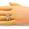 Oro Laminado Elegant Ring, Gold Filled Style Ball and Filigree Design, with White Crystal, Polished, Golden Finish, 01.383.0003 (One size fits all)