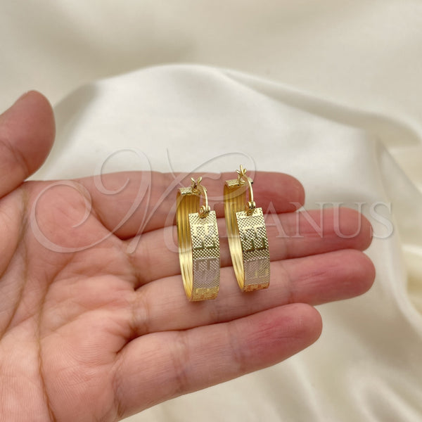 Gold Filled Hoop Earrings — Medium Hoop Greek Key Design Polished Tricolor 02. — alternate product view — SKU 151973 | Oro Laminado aretes de aro — Medium Hoop Greek Key diseño pulido Tricolor 02. — SKU 151973