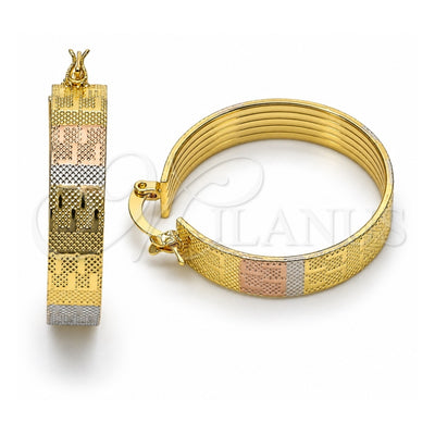 Oro Laminado Medium Hoop, Gold Filled Style Greek Key Design, Polished, Tricolor, 02.170.0411.30