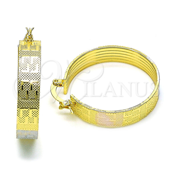 Gold Filled Hoop Earrings — Medium Hoop Greek Key Design Polished Tricolor 02. — main product view — SKU 151973 | Oro Laminado aretes de aro — Medium Hoop Greek Key diseño pulido Tricolor 02. — SKU 151973