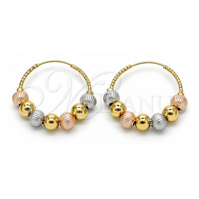 Oro Laminado Medium Hoop, Gold Filled Style Ball Design, Diamond Cutting Finish, Tricolor, 02.170.0413.35