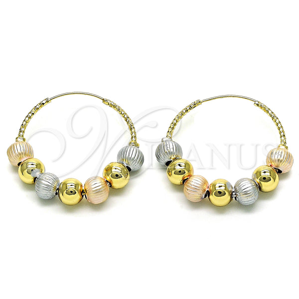 Gold Filled Hoop Earrings — Medium Hoop Ball Design Diamond Cutting Tricolor 02. — main product view — SKU 151975 | Oro Laminado aretes de aro — Medium Hoop Ball diseño Diamond Cutting Tricolor 02. — SKU 151975