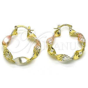 Gold Filled Hoop Earrings — Medium Hoop Twist Design Diamond Cutting Tricolor 02. — main product view — SKU 151976 | Oro Laminado aretes de aro — Medium Hoop Twist diseño Diamond Cutting Tricolor 02. — SKU 151976