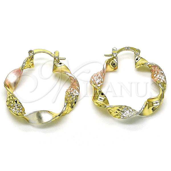 Gold Filled Hoop Earrings — Medium Hoop Twist Design Diamond Cutting Tricolor 02. — main product view — SKU 151976 | Oro Laminado aretes de aro — Medium Hoop Twist diseño Diamond Cutting Tricolor 02. — SKU 151976