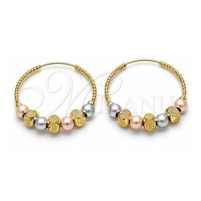 Oro Laminado Medium Hoop, Gold Filled Style Ball Design, Diamond Cutting Finish, Tricolor, 02.170.0416.35