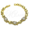 Oro Laminado Fancy Bracelet, Gold Filled Style Hugs and Kisses and Heart Design, with White Cubic Zirconia and White Micro Pave, Polished, Golden Finish, 03.283.0288.07
