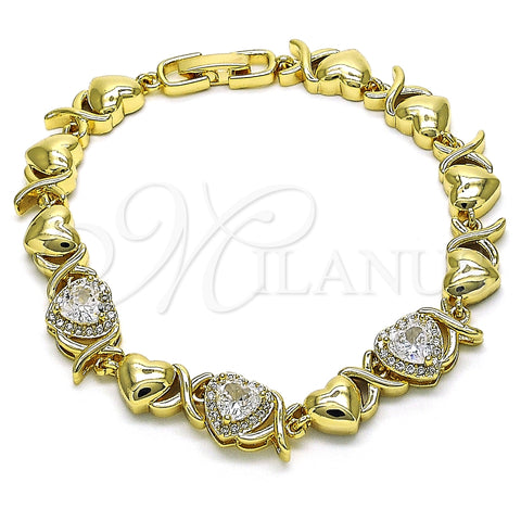 Oro Laminado Fancy Bracelet, Gold Filled Style Hugs and Kisses and Heart Design, with White Cubic Zirconia and White Micro Pave, Polished, Golden Finish, 03.283.0288.07