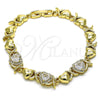 Oro Laminado Fancy Bracelet, Gold Filled Style Hugs and Kisses and Heart Design, with White Cubic Zirconia and White Micro Pave, Polished, Golden Finish, 03.283.0288.07