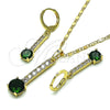 Oro Laminado Earring and Pendant Adult Set, Gold Filled Style with Green and White Cubic Zirconia, Polished, Golden Finish, 10.196.0078