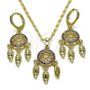 Oro Laminado Earring and Pendant Adult Set, Gold Filled Style Flower and Leaf Design, with Ruby Micro Pave, Polished, Golden Finish, 10.196.0083