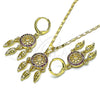 Oro Laminado Earring and Pendant Adult Set, Gold Filled Style Flower and Leaf Design, with Ruby Micro Pave, Polished, Golden Finish, 10.196.0083