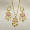 Oro Laminado Earring and Pendant Adult Set, Gold Filled Style Flower and Leaf Design, with Ruby Micro Pave, Polished, Golden Finish, 10.196.0083