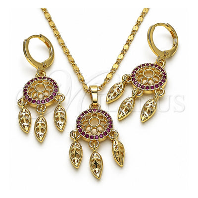 Oro Laminado Earring and Pendant Adult Set, Gold Filled Style Flower and Leaf Design, with Ruby Micro Pave, Polished, Golden Finish, 10.196.0083