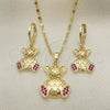 Oro Laminado Earring and Pendant Adult Set, Gold Filled Style Teddy Bear Design, with Ruby Micro Pave, Polished, Golden Finish, 10.196.0095