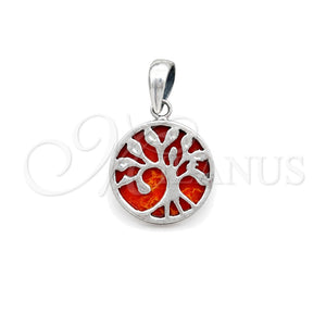 Sterling Silver Fancy Pendant, Tree Design, with Orange Red Opal, Polished, Silver Finish, 05.410.0009.3