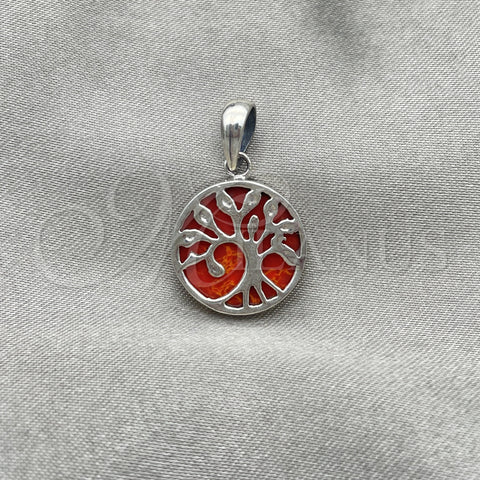 Sterling Silver Fancy Pendant, Tree Design, with Orange Red Opal, Polished, Silver Finish, 05.410.0009.3