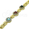 Oro Laminado Fancy Bracelet, Gold Filled Style Leaf Design, with Multicolor Cubic Zirconia, Polished, Golden Finish, 03.283.0291.08 (07 MM Thickness, 8 Inches Length)