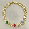 Oro Laminado Fancy Bracelet, Gold Filled Style Leaf Design, with Multicolor Cubic Zirconia, Polished, Golden Finish, 03.283.0291.08 (07 MM Thickness, 8 Inches Length)