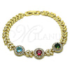 Oro Laminado Fancy Bracelet, Gold Filled Style Leaf Design, with Multicolor Cubic Zirconia, Polished, Golden Finish, 03.283.0291.08 (07 MM Thickness, 8 Inches Length)