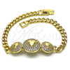 Oro Laminado Fancy Bracelet, Gold Filled Style Heart and Miami Cuban Design, with White Cubic Zirconia, Polished, Golden Finish, 03.283.0293.07 (05 MM Thickness, 7 Inches Length)