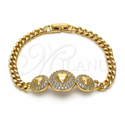 Oro Laminado Fancy Bracelet, Gold Filled Style Heart and Miami Cuban Design, with White Cubic Zirconia, Polished, Golden Finish, 03.283.0293.07 (05 MM Thickness, 7 Inches Length)
