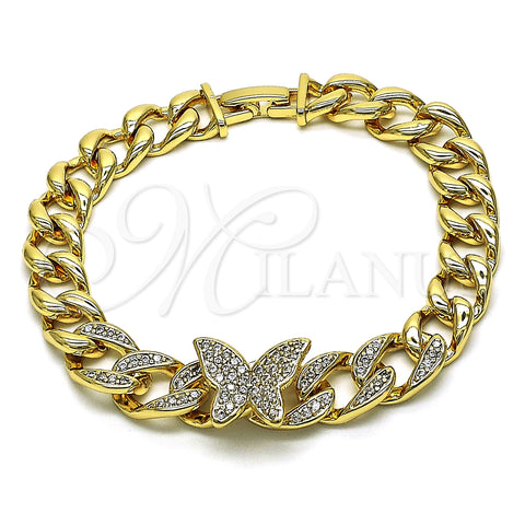 Oro Laminado Fancy Bracelet, Gold Filled Style Butterfly and Miami Cuban Design, with White Cubic Zirconia, Polished, Golden Finish, 03.283.0296.07