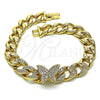 Oro Laminado Fancy Bracelet, Gold Filled Style Butterfly and Miami Cuban Design, with White Cubic Zirconia, Polished, Golden Finish, 03.283.0296.07 (09 MM Thickness, 7 Inches Length)