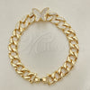 Oro Laminado Fancy Bracelet, Gold Filled Style Butterfly and Miami Cuban Design, with White Cubic Zirconia, Polished, Golden Finish, 03.283.0296.07 (09 MM Thickness, 7 Inches Length)