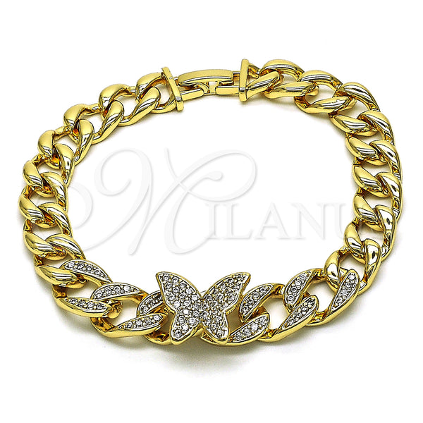 Oro Laminado Fancy Bracelet, Gold Filled Style Butterfly and Miami Cuban Design, with White Cubic Zirconia, Polished, Golden Finish, 03.283.0296.07 (09 MM Thickness, 7 Inches Length)