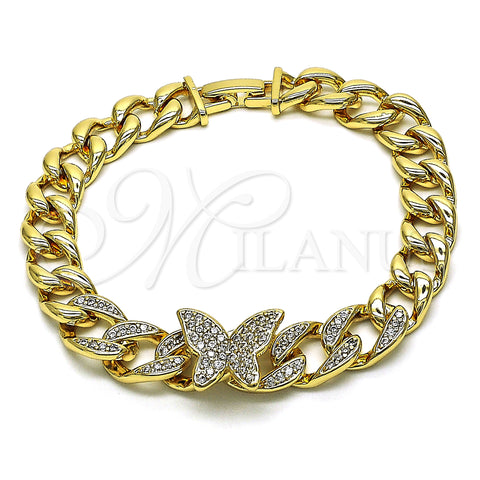 Oro Laminado Fancy Bracelet, Gold Filled Style Butterfly and Miami Cuban Design, with White Cubic Zirconia, Polished, Golden Finish, 03.283.0296.07 (09 MM Thickness, 7 Inches Length)