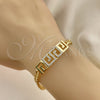 Oro Laminado Fancy Bracelet, Gold Filled Style Greek Key and Miami Cuban Design, with White Micro Pave, Polished, Golden Finish, 03.283.0298.08 (05 MM Thickness, 8 Inches Length)