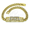 Oro Laminado Fancy Bracelet, Gold Filled Style Greek Key and Miami Cuban Design, with White Micro Pave, Polished, Golden Finish, 03.283.0298.08 (05 MM Thickness, 8 Inches Length)