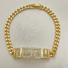 Oro Laminado Fancy Bracelet, Gold Filled Style Greek Key and Miami Cuban Design, with White Micro Pave, Polished, Golden Finish, 03.283.0298.08 (05 MM Thickness, 8 Inches Length)