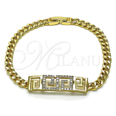 Oro Laminado Fancy Bracelet, Gold Filled Style Greek Key and Miami Cuban Design, with White Micro Pave, Polished, Golden Finish, 03.283.0298.08 (05 MM Thickness, 8 Inches Length)