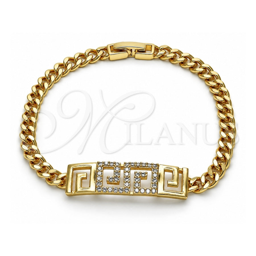 Oro Laminado Fancy Bracelet, Gold Filled Style Greek Key and Miami Cuban Design, with White Micro Pave, Polished, Golden Finish, 03.283.0298.08 (05 MM Thickness, 8 Inches Length)