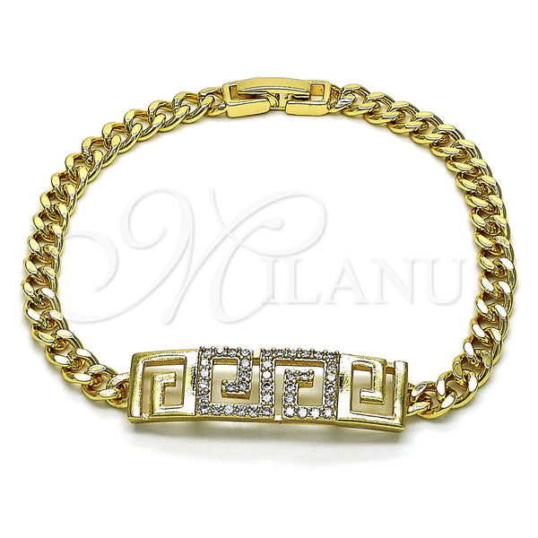 Oro Laminado Fancy Bracelet, Gold Filled Style Greek Key and Miami Cuban Design, with White Micro Pave, Polished, Golden Finish, 03.283.0298.08 (05 MM Thickness, 8 Inches Length)
